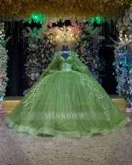 Misshow Sage Green Quinceanera Dress Strapless Beaded Tulle Ball Gown with Shawl & Bow for Sweet 16 & Formal Events