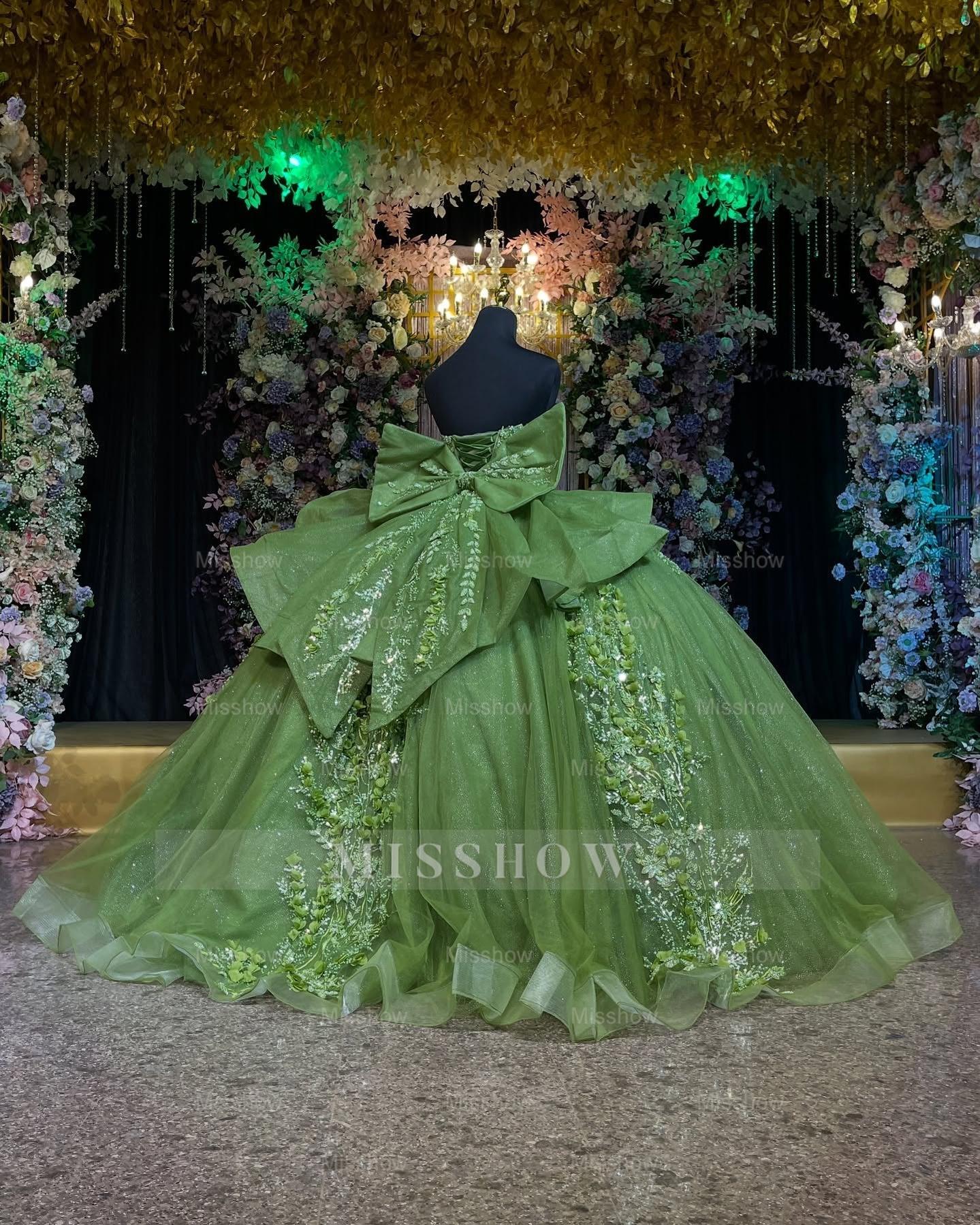 Misshow Sage Green Quinceanera Dress Strapless Beaded Tulle Ball Gown with Shawl & Bow for Sweet 16 & Formal Events