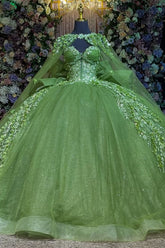 Misshow Sage Green Quinceanera Dress Strapless Beaded Tulle Ball Gown with Shawl & Bow for Sweet 16 & Formal Events