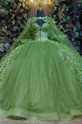 Misshow Sage Green Quinceanera Dress Strapless Beaded Tulle Ball Gown with Shawl & Bow for Sweet 16 & Formal Events
