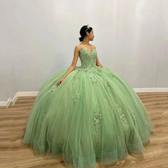 Misshow Sage Green Quinceanera Dress Strapless Lace Ball Gown with 3D Floral Beading for Sweet 16 & Special Occasions