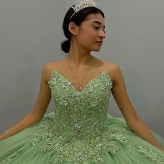 Misshow Sage Green Quinceanera Dress Strapless Lace Ball Gown with 3D Floral Beading for Sweet 16 & Special Occasions