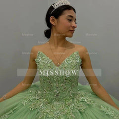 Misshow Sage Green Quinceanera Dress Strapless Lace Ball Gown with 3D Floral Beading for Sweet 16 & Special Occasions