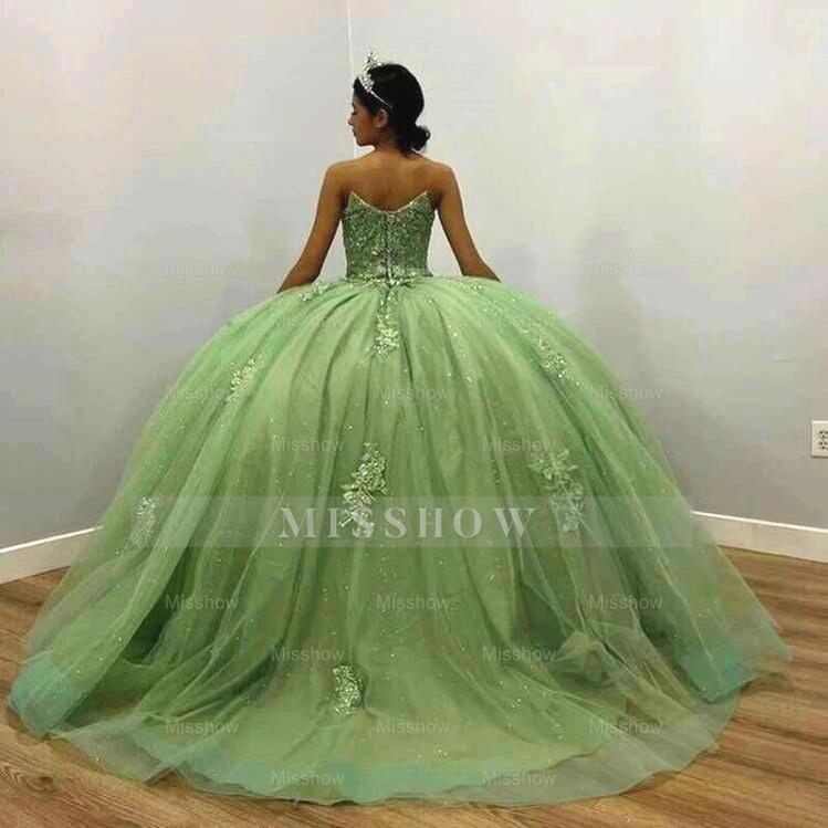 Misshow Sage Green Quinceanera Dress Strapless Lace Ball Gown with 3D Floral Beading for Sweet 16 & Special Occasions