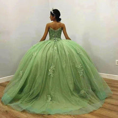 Misshow Sage Green Quinceanera Dress Strapless Lace Ball Gown with 3D Floral Beading for Sweet 16 & Special Occasions