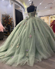 Misshow Sage Green Quinceanera Dress Sweetheart Neckline with Lace Appliques & Beaded Tulle Princess Gown for Sweet 16