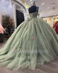 Misshow Sage Green Quinceanera Dress Sweetheart Neckline with Lace Appliques & Beaded Tulle Princess Gown for Sweet 16