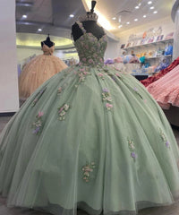 Misshow Sage Green Quinceanera Dress Sweetheart Neckline with Lace Appliques & Beaded Tulle Princess Gown for Sweet 16