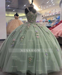 Misshow Sage Green Quinceanera Dress Sweetheart Neckline with Lace Appliques & Beaded Tulle Princess Gown for Sweet 16