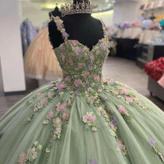 Misshow Sage Green Quinceanera Dress Sweetheart Neckline with Lace Appliques & Beaded Tulle Princess Gown for Sweet 16