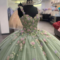Misshow Sage Green Quinceanera Dress Sweetheart Neckline with Lace Appliques & Beaded Tulle Princess Gown for Sweet 16