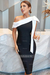 Misshow Sheath One Shoulder Black Party Dress with Bowknot