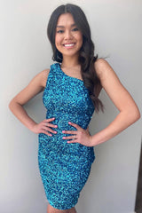 Misshow Sheath One Shoulder Royal Blue Sequins Short Homecoming Dress/Mini Dress