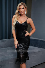 Misshow Sheath Spaghetti Straps Black Sequins Party Dress