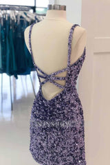 Misshow Sheath Spaghetti Straps Royal Blue Sequins Short Cocktail Dress