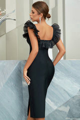 Misshow Sheath V Neck Tea Length Black Party Dress