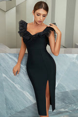 Misshow Sheath V Neck Tea Length Black Party Dress