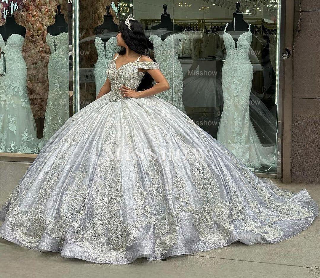 Misshow Silver Ball Gown Off-Shoulder Beaded Lace Applique Quinceanera Dress with Sweep Train for Sweet 16 & Princess Parties