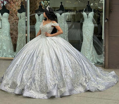 Misshow Silver Ball Gown Off-Shoulder Beaded Lace Applique Quinceanera Dress with Sweep Train for Sweet 16 & Princess Parties