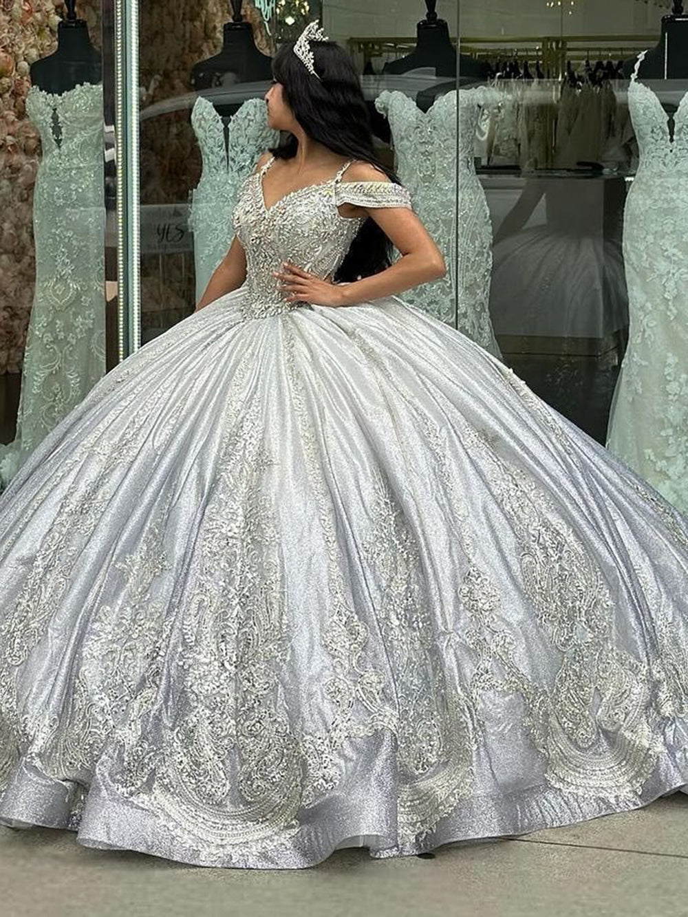 Misshow Silver Ball Gown Off-Shoulder Beaded Lace Applique Quinceanera Dress with Sweep Train for Sweet 16 & Princess Parties