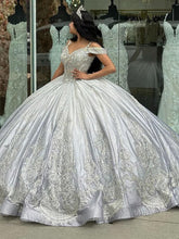 Misshow Silver Ball Gown Off-Shoulder Beaded Lace Applique Quinceanera Dress with Sweep Train for Sweet 16 & Princess Parties
