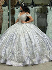 Misshow Silver Ball Gown Off-Shoulder Beaded Lace Applique Quinceanera Dress with Sweep Train for Sweet 16 & Princess Parties