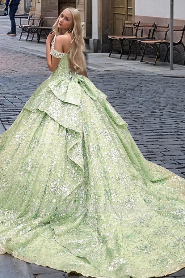 Misshow Silver & Green Beaded Ball Gown Off-Shoulder Quinceanera Dress with Tiered Ruffles & Floral Appliques