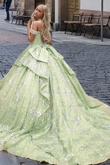 Misshow Silver & Green Beaded Ball Gown Off-Shoulder Quinceanera Dress with Tiered Ruffles & Floral Appliques