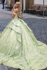Misshow Silver & Green Beaded Ball Gown Off-Shoulder Quinceanera Dress with Tiered Ruffles & Floral Appliques