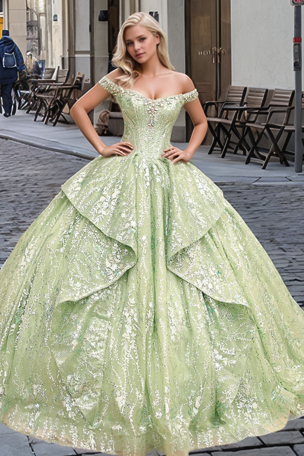 Misshow Silver & Green Beaded Ball Gown Off-Shoulder Quinceanera Dress with Tiered Ruffles & Floral Appliques