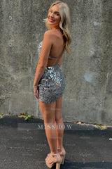 Misshow Silver One Shoulder Cut-Out Mirror Short Homecoming Dress/Mini Dress