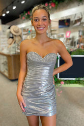 Misshow Silver Sparkly Strapless Tight Short Homecoming Dress/Mini Dress with Beadings