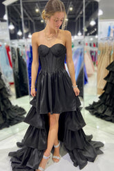 Misshow Simple Black A-Line Corset Sweetheart High Low Tiered Prom Dress