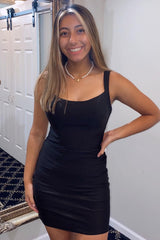 Misshow Simple Black Lace-Up Back Tight Homecoming Dress/Mini Dress