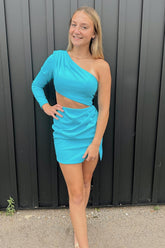 Misshow Simple Blue One Shoulder Cut Out Tight Short Homecoming Dress/Mini Dress with Slit
