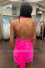 Misshow Simple Fuchsia Convertible Wear Satin Tight Short Homecoming Dress/Mini Dress