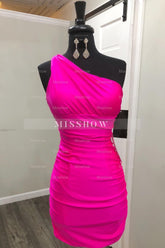 Misshow Simple Fuchsia One Shoulder Satin Tight Short Homecoming Dress/Mini Dress