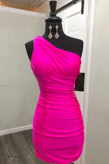 Misshow Simple Fuchsia One Shoulder Satin Tight Short Homecoming Dress/Mini Dress