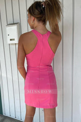 Misshow Simple Fuchsia Satin Halter Tight Short Homecoming Dress/Mini Dress