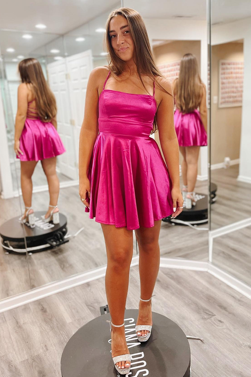 Misshow Simple Fuchsia Spaghetti Straps Backless A-Line Short Homecoming Dress/Mini Dress