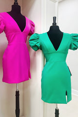 Misshow Simple Fuchsia V-Neck Short Sleeves Tight Short Homecoming Dress/Mini Dress