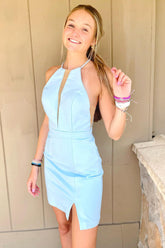 Misshow Simple Light Blue Satin Tight Short Homecoming Dress/Mini Dress