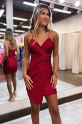 Misshow Simple Red Asymmetrical Spaghetti Straps Tight Short Homecoming Dress/Mini Dress