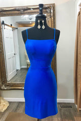 Misshow Simple Royal Blue Satin Tight Short Homecoming Dress/Mini Dress
