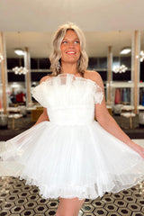 Misshow Simple White Strapless Tiered Tulle A-Line Short Homecoming Dress/Mini Dress