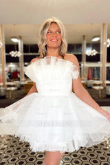 Misshow Simple White Strapless Tiered Tulle A-Line Short Homecoming Dress/Mini Dress
