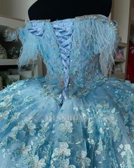 Misshow Sky Blue Ball Gown Off-Shoulder 3D Floral Applique Feather Tulle Quinceanera Dress for Sweet 16 & Princess Birthday Parties