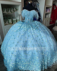 Misshow Sky Blue Ball Gown Off-Shoulder 3D Floral Applique Feather Tulle Quinceanera Dress for Sweet 16 & Princess Birthday Parties