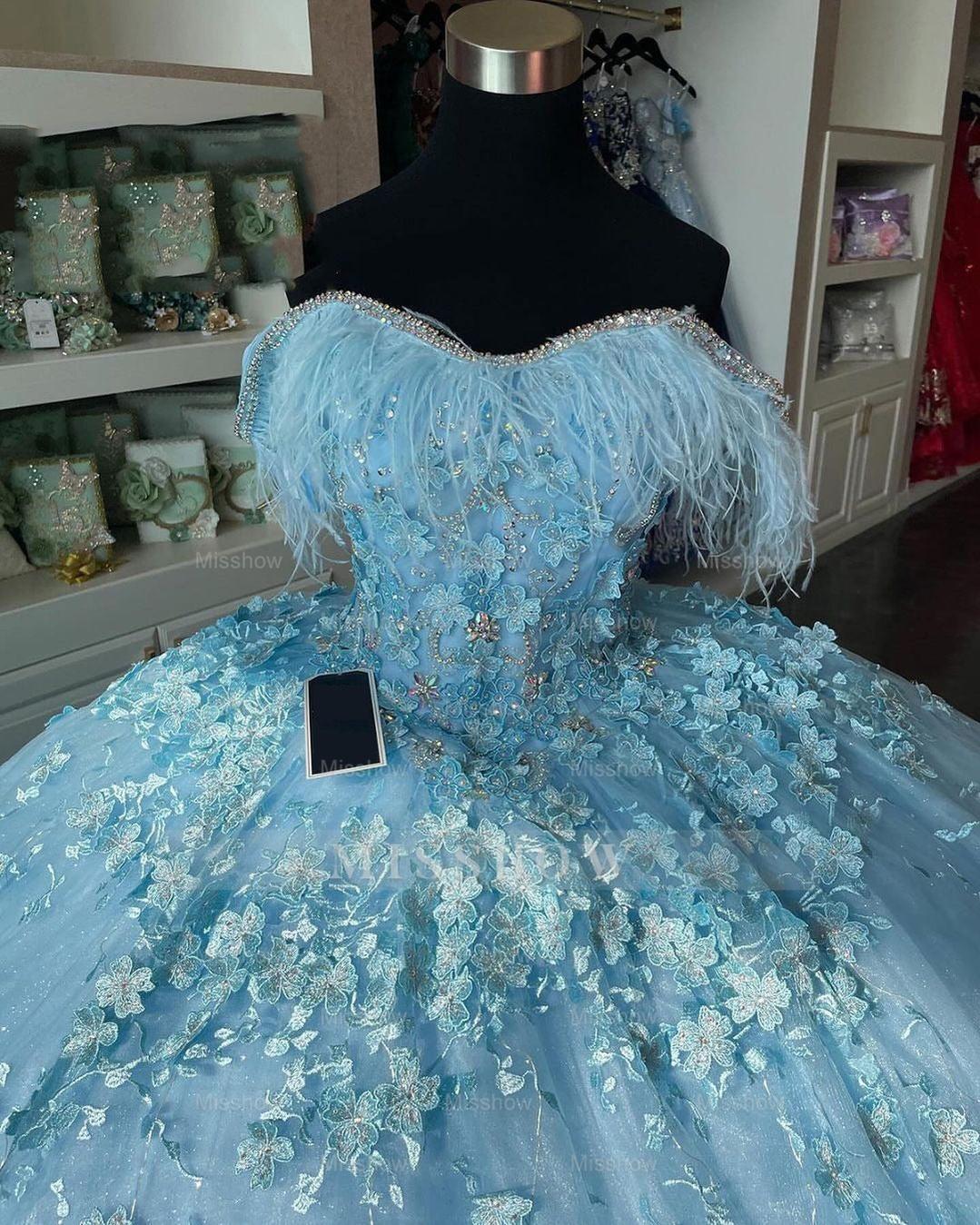 Misshow Sky Blue Ball Gown Off-Shoulder 3D Floral Applique Feather Tulle Quinceanera Dress for Sweet 16 & Princess Birthday Parties
