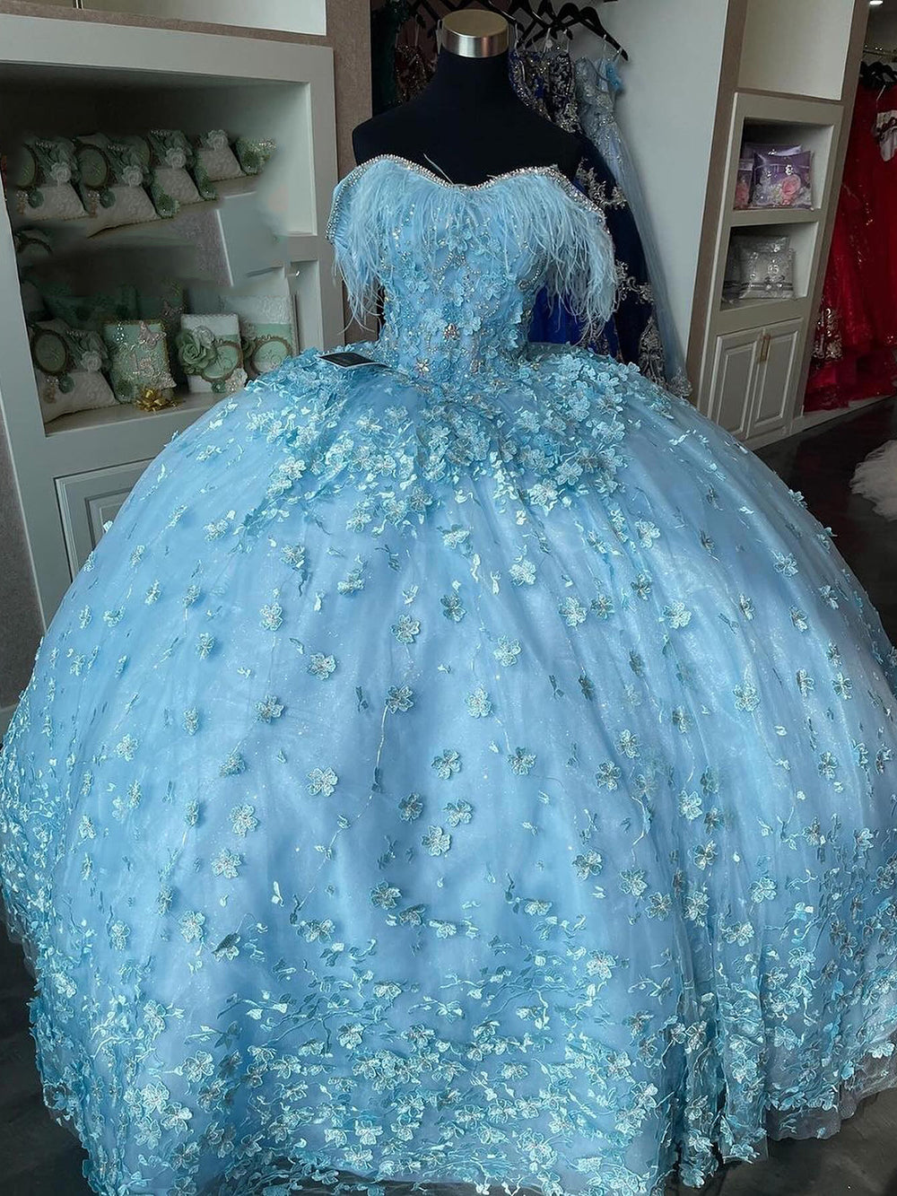 Misshow Sky Blue Ball Gown Off-Shoulder 3D Floral Applique Feather Tulle Quinceanera Dress for Sweet 16 & Princess Birthday Parties